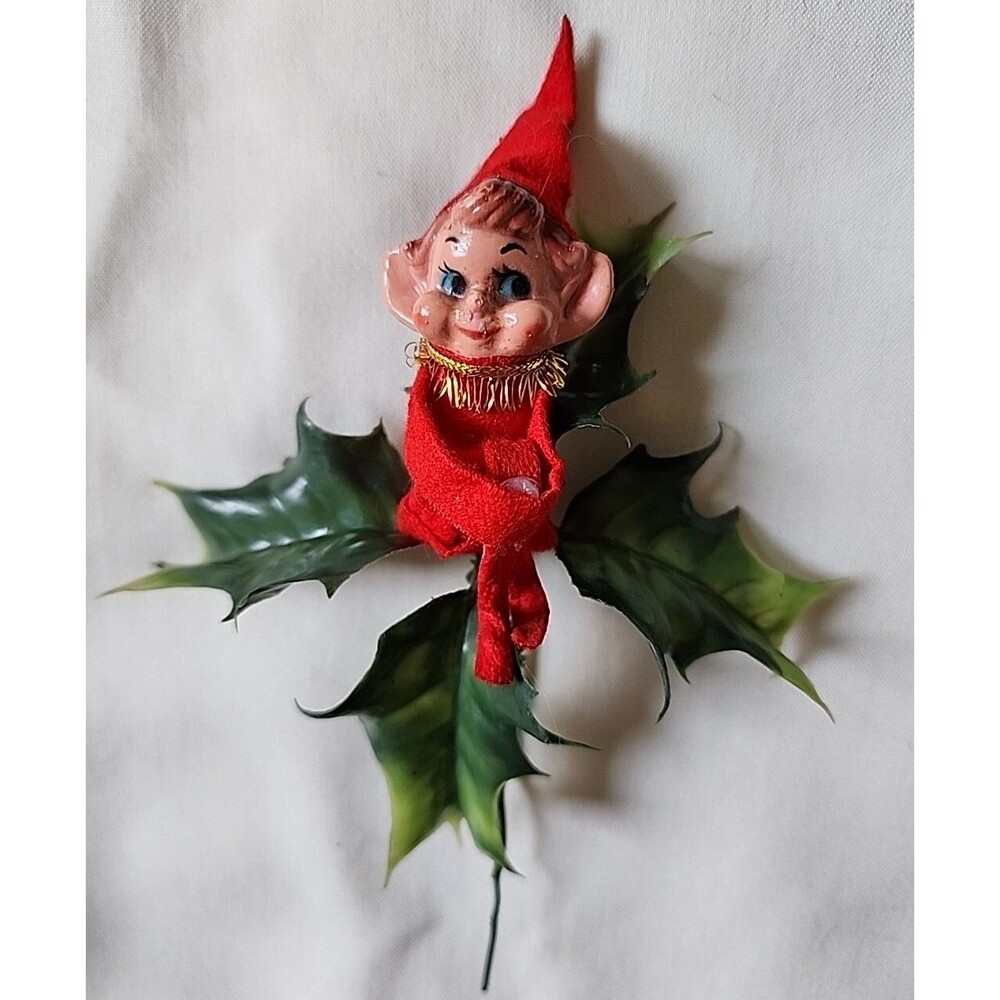 Vtg Christmas 4" Pixie Elf Knee Hugger Sitting On Holly Stem Plastic Cloth